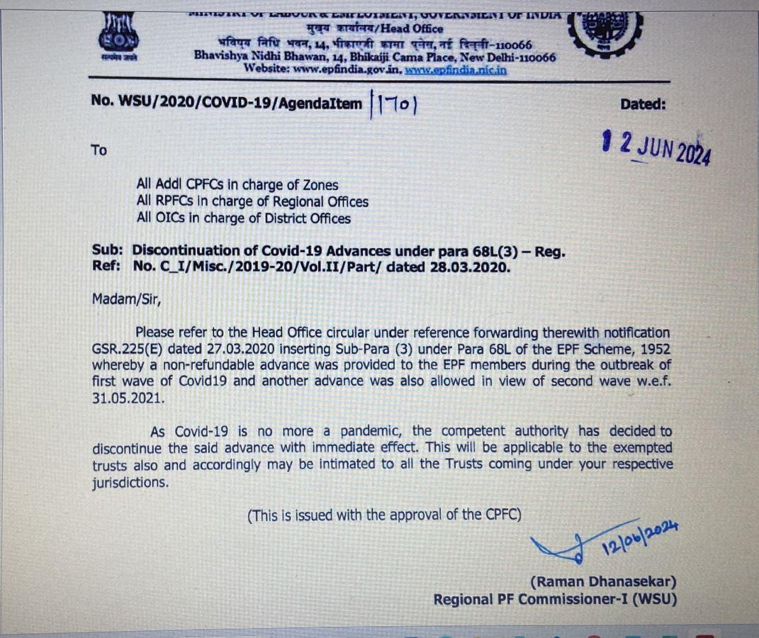 Discontinuation of Covid-19 Advances for EPF Members